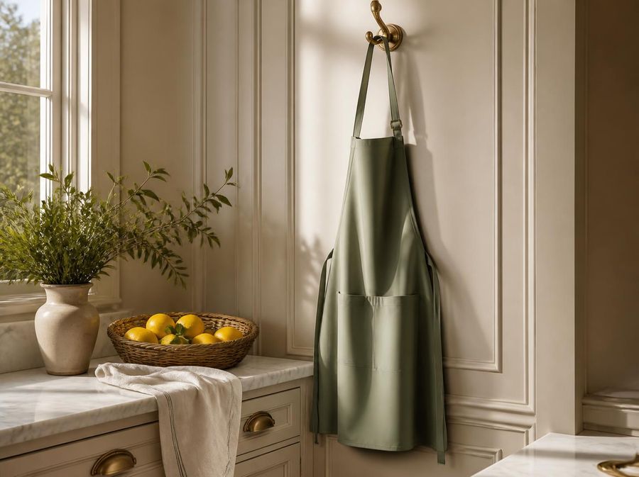 A sage green apron hanging from a brass hook in a cream kitchen