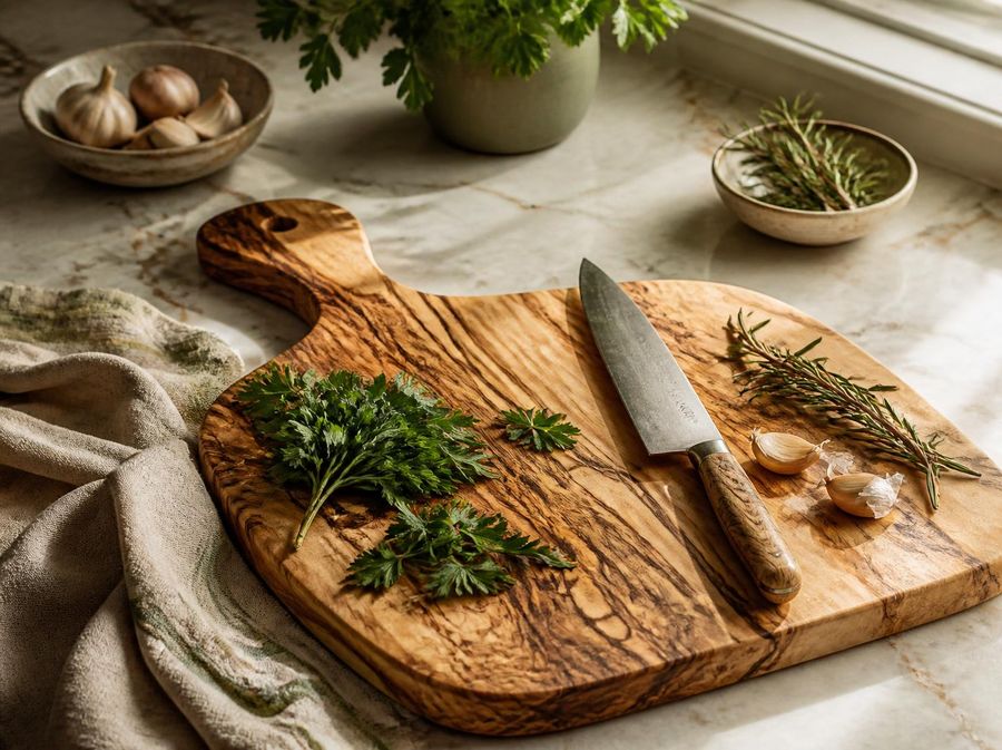 An olive wood cutting board with parsley, rosemary, garlic and a chef's knife