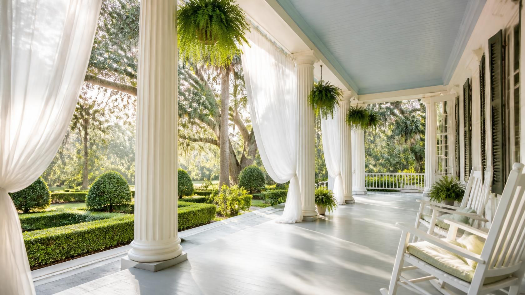 A deep white columned veranda with sheer curtains, hanging ferns and rocking chairs, looking out over a boxwood garden and live oaks in morning light