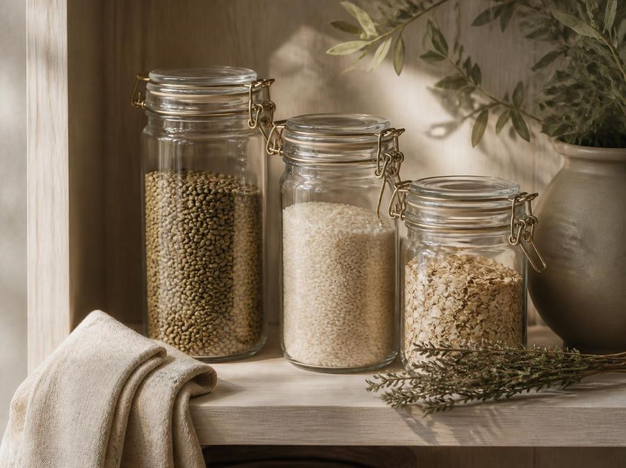 Three glass storage jars with brass clasps holding lentils, rice and oats