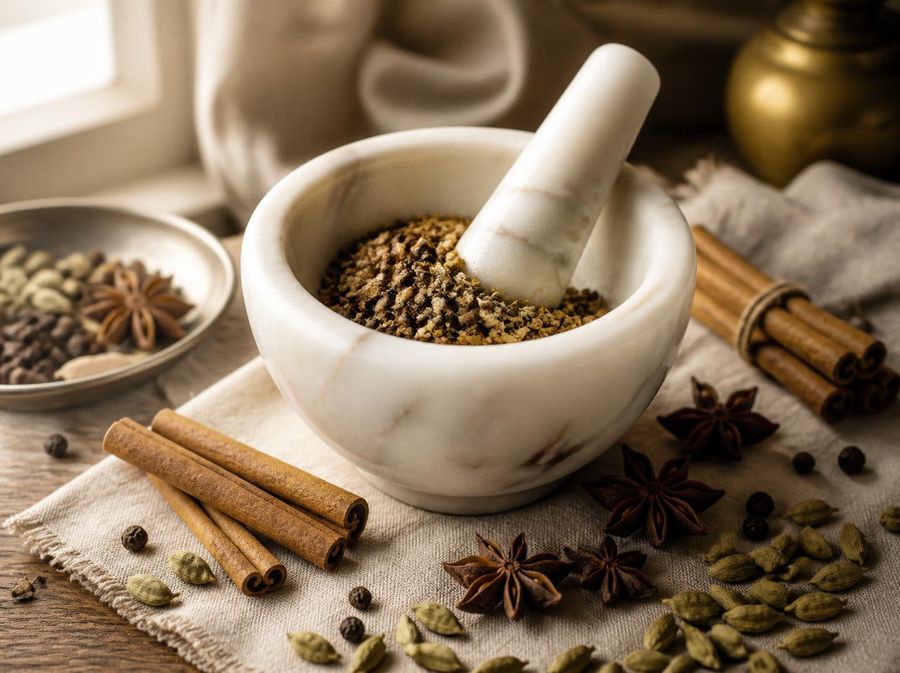 A white marble mortar and pestle with whole spices on linen