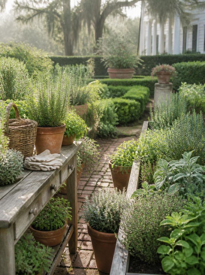 An herb garden of terracotta pots along a brick path