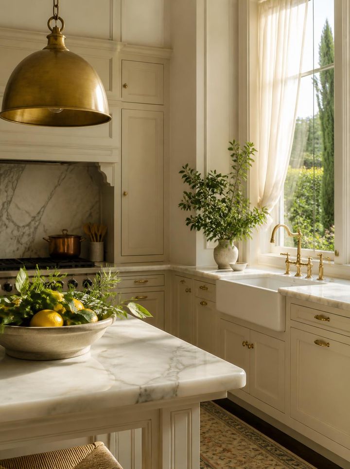 A sunlit estate kitchen with cream cabinetry, marble counters and a brass pendant