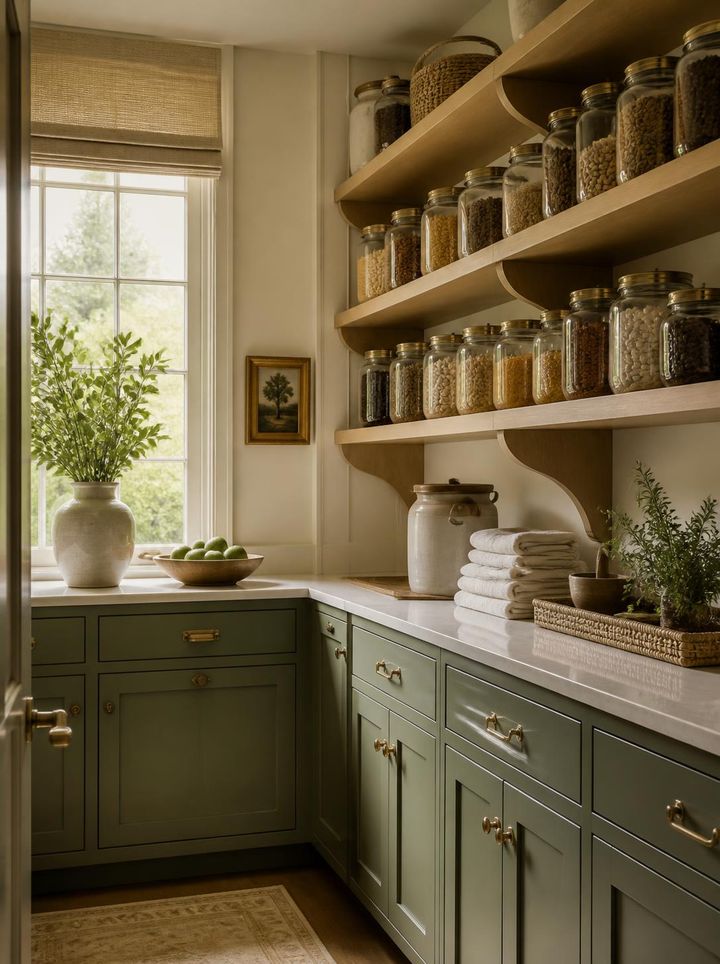 A butler's pantry with open oak shelves of glass jars and sage green cabinets