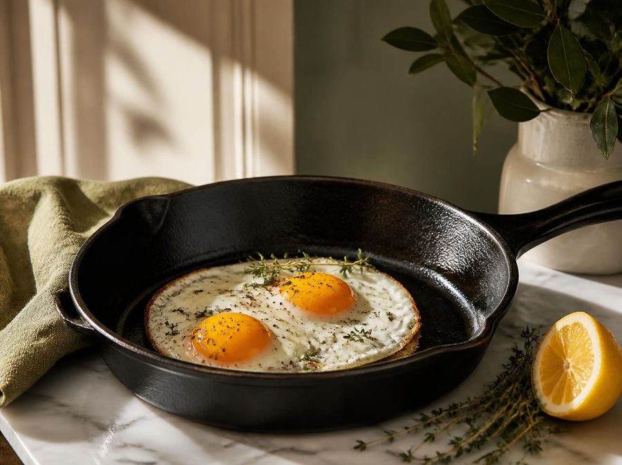 A cast iron skillet with two eggs, thyme and lemon on marble