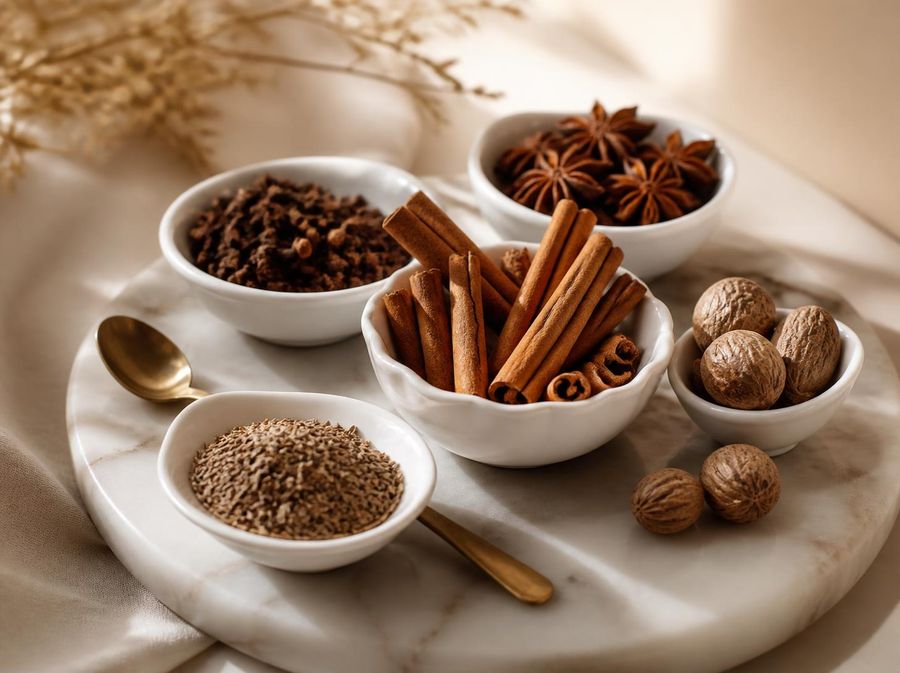 White dishes of whole cinnamon, star anise, cloves and nutmeg on a marble board